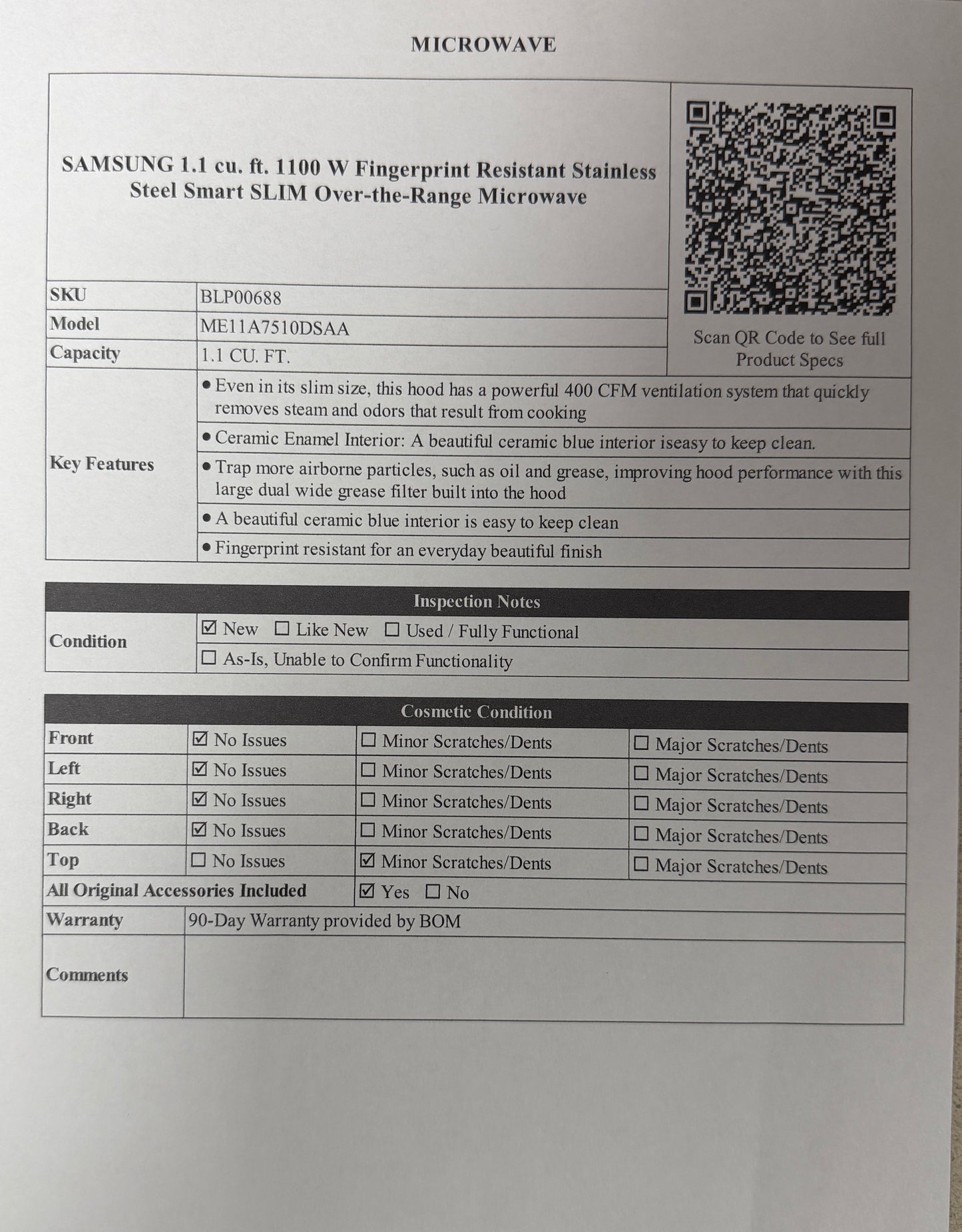 BLP00688 - SAMSUNG 1.1 cu. ft. 1100 W Fingerprint Resistant Stainless Steel Smart SLIM Over-the-Range Microwave - ME11A7510DSAA