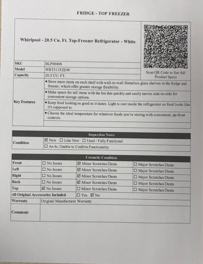 BLP00408 - Whirlpool - 20.5 Cu. Ft. Top-Freezer Refrigerator - White - DENTED