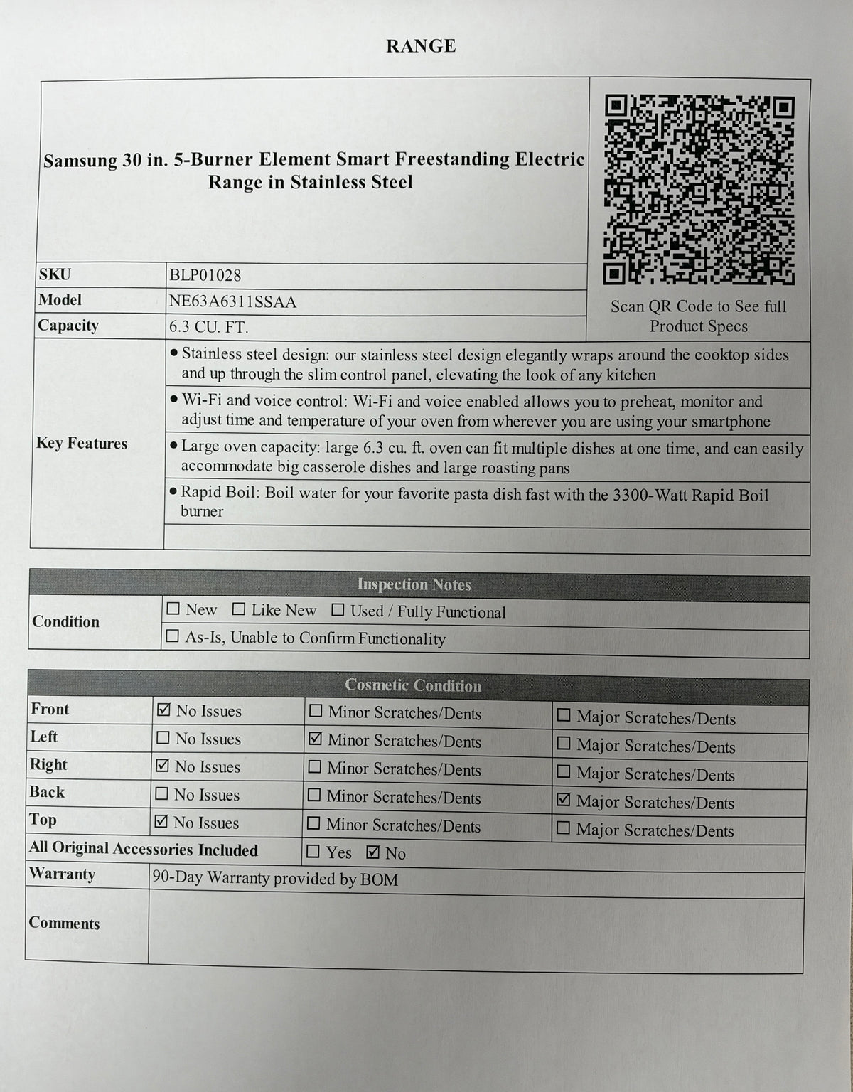 BLP01028 - Samsung 30 in. 5-Burner Element Smart Freestanding Electric Range in Stainless Steel - NE63A6311SSAA