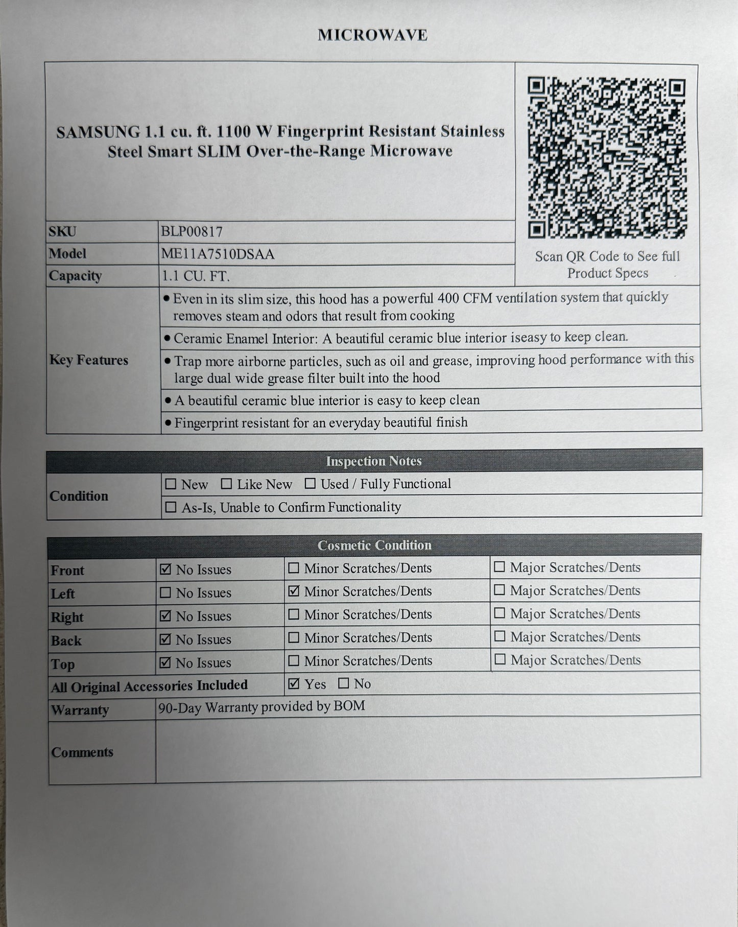 BLP00817 - SAMSUNG 1.1 cu. ft. 1100 W Fingerprint Resistant Stainless Steel Smart SLIM Over-the-Range Microwave - ME11A7510DSAA