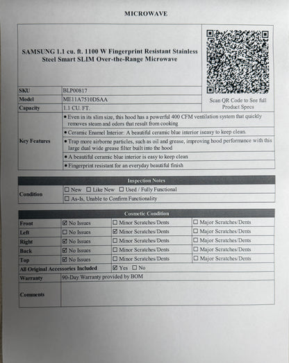 BLP00817 - SAMSUNG 1.1 cu. ft. 1100 W Fingerprint Resistant Stainless Steel Smart SLIM Over-the-Range Microwave - ME11A7510DSAA