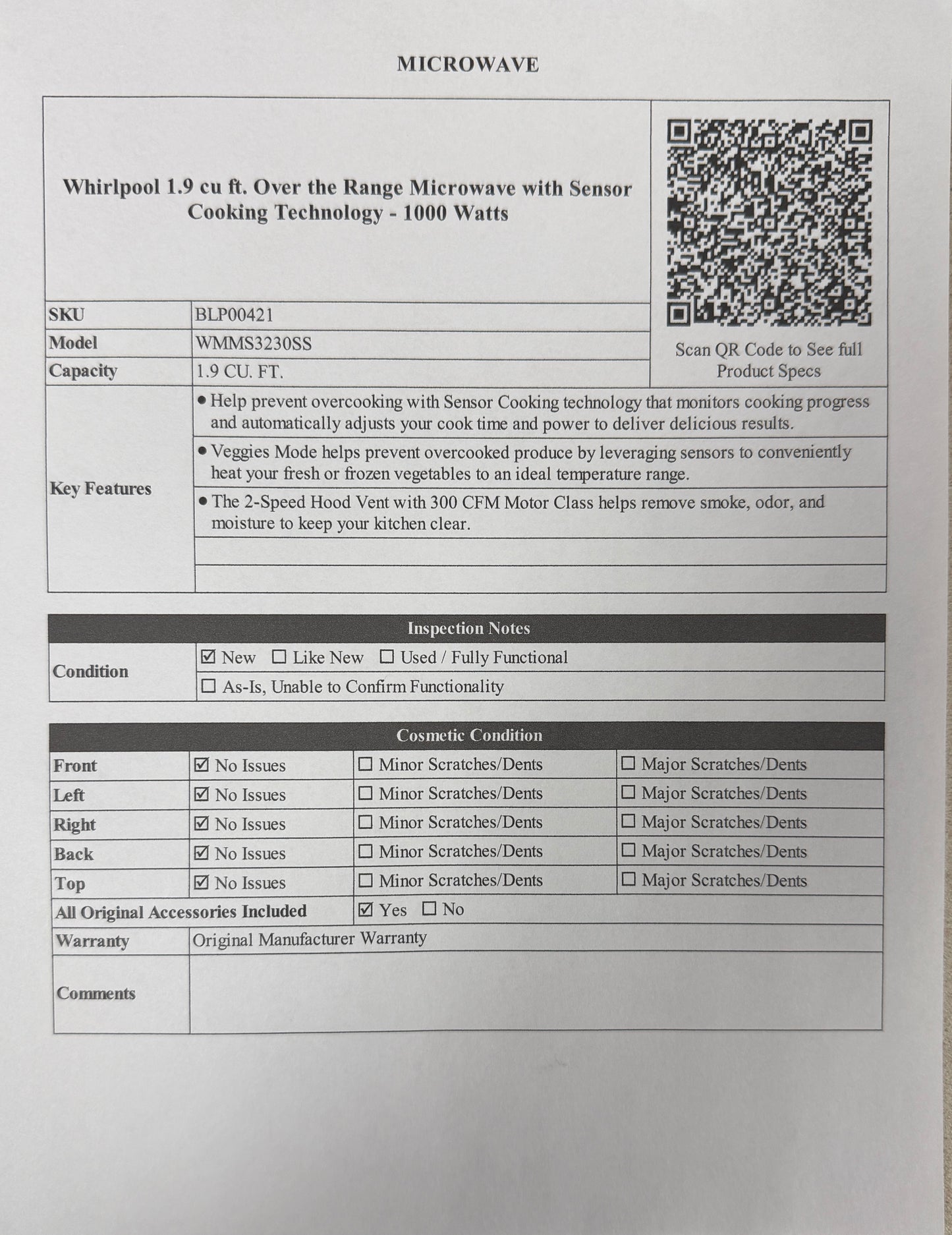 BLP00421 - Whirlpool 1.9 cu ft. Over the Range Microwave with Sensor Cooking Technology - 1000 Watts