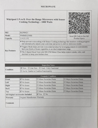 BLP00421 - Whirlpool 1.9 cu ft. Over the Range Microwave with Sensor Cooking Technology - 1000 Watts