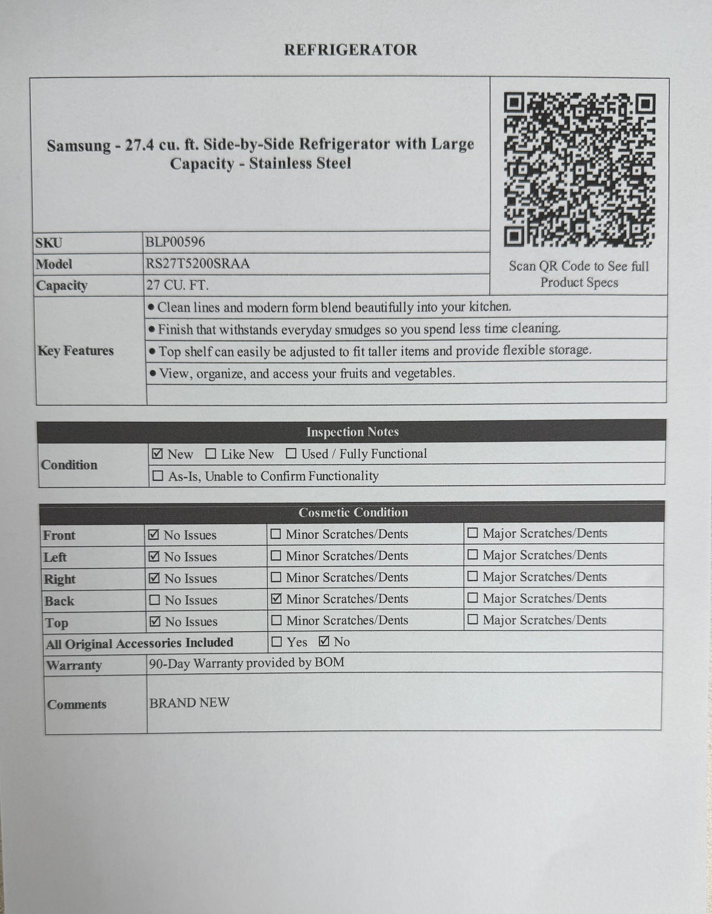 BLP00596 - Samsung - 27.4 cu. ft. Side-by-Side Refrigerator with Large Capacity - Stainless Steel - RS27T5200SRAA - Brand New
