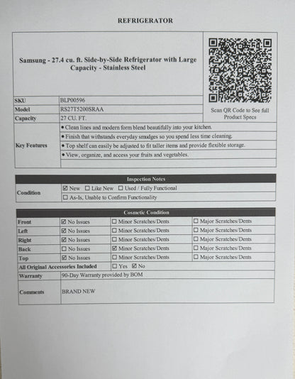 BLP00596 - Samsung - 27.4 cu. ft. Side-by-Side Refrigerator with Large Capacity - Stainless Steel - RS27T5200SRAA - Brand New