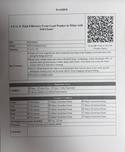 BLP00905 - Samsung 4.5 cu. ft. High-Efficiency Front Load Washer in White with Self-Clean+ - WF45T6000AWA5