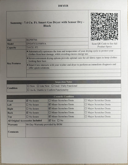 BLP00766 - Samsung - 7.4 Cu. Ft. Smart Gas Dryer with Sensor Dry - Black - DVG47CG3500VA