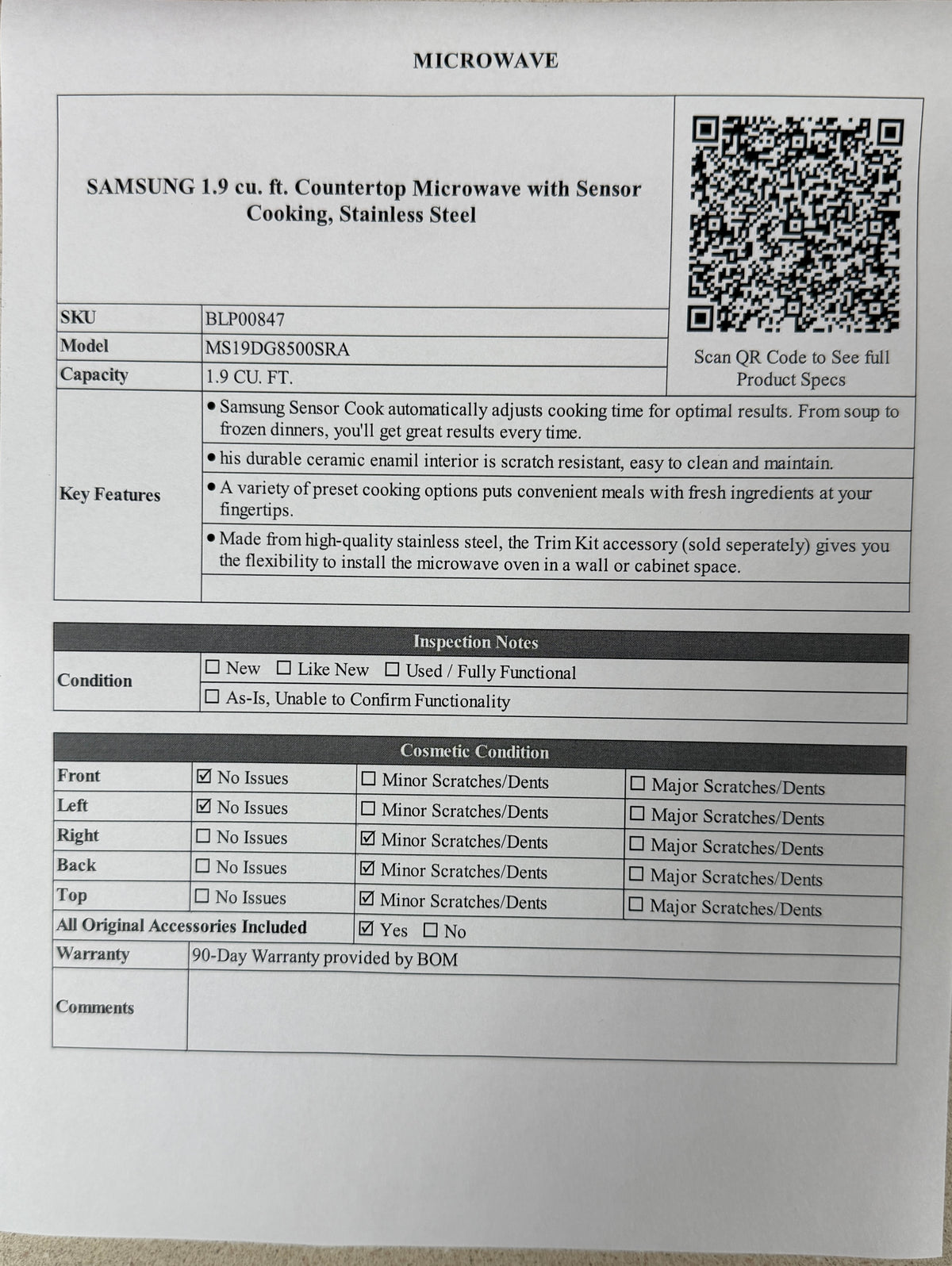 BLP00847 - SAMSUNG 1.9 cu. ft. Countertop Microwave with Sensor Cooking, Stainless Steel - MS19DG8500SRA