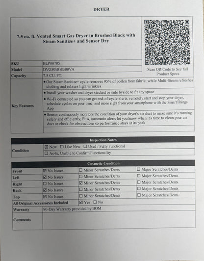 BLP00705 - Samsung 7.5 cu. ft. Vented Smart Gas Dryer in Brushed Black with Steam Sanitize+ and Sensor Dry - DVG50BG8300VA