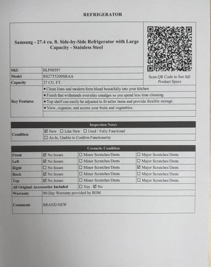 BLP00597 - Samsung - 27.4 cu. ft. Side-by-Side Refrigerator with Large Capacity - Stainless Steel - RS27T5200SRAA - Brand New