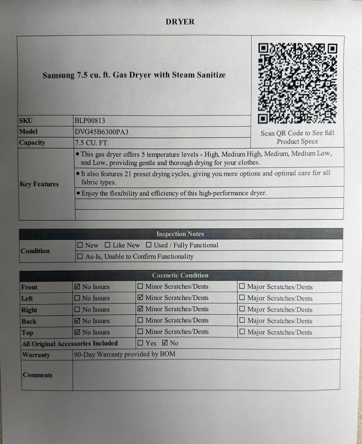 BLP00813 - Samsung 7.5 cu. ft. Gas Dryer with Steam Sanitize - DVG45B6300PA3