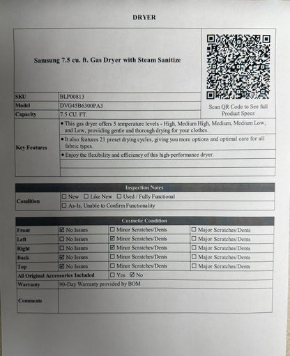 BLP00813 - Samsung 7.5 cu. ft. Gas Dryer with Steam Sanitize - DVG45B6300PA3