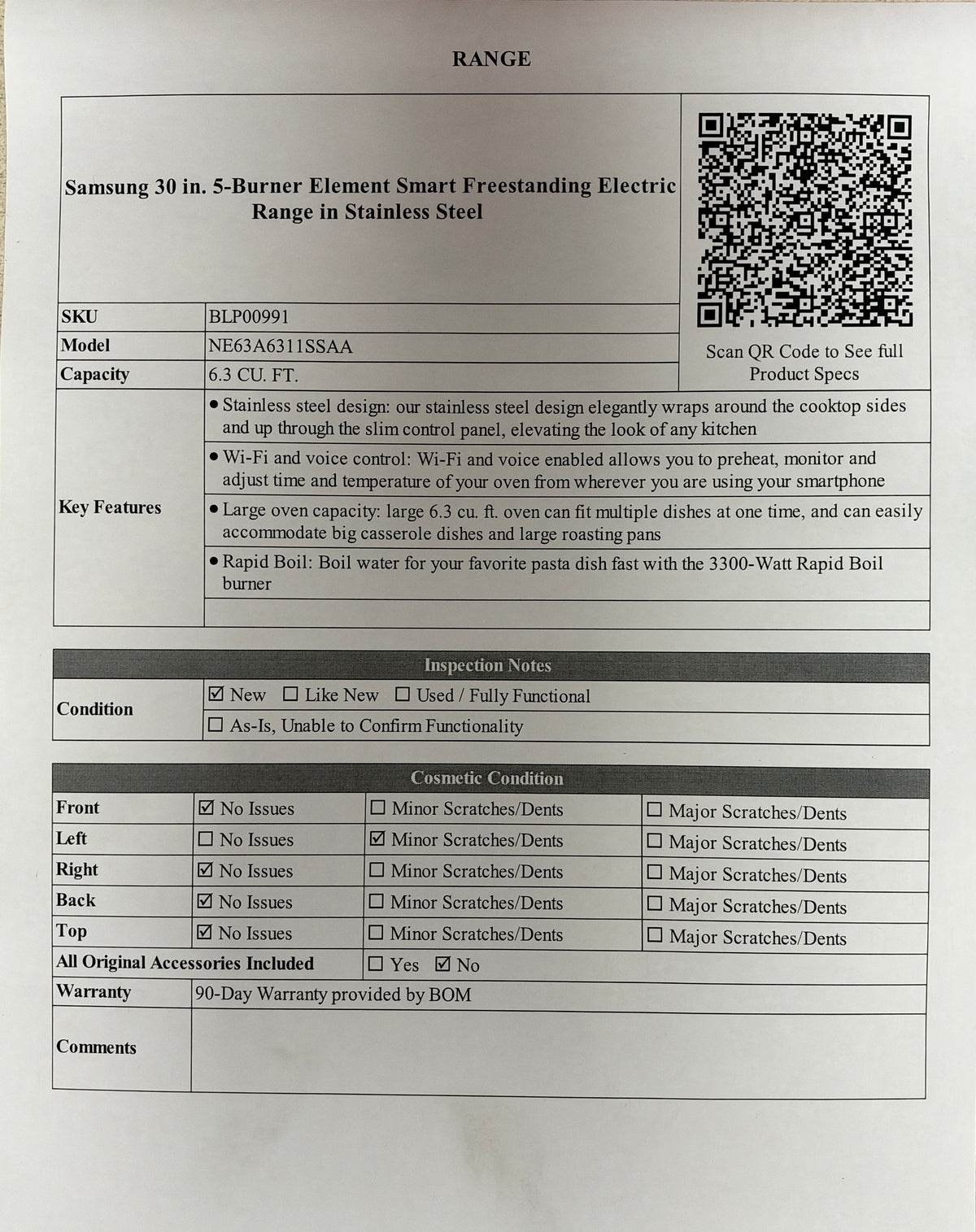 BLP00991 - Samsung 30 in. 5-Burner Element Smart Freestanding Electric Range in Stainless Steel - NE63A6311SSAA