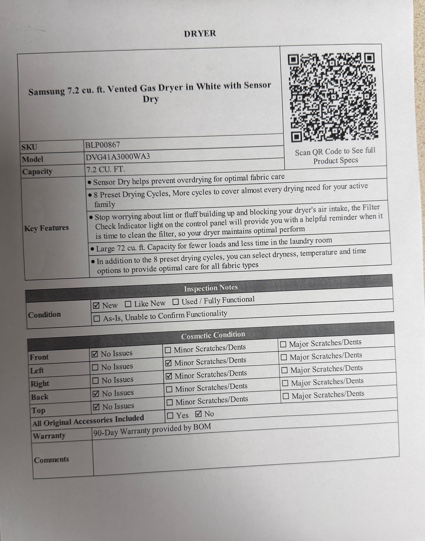 BLP00867 - Samsung 7.2 cu. ft. Vented Gas Dryer in White with Sensor Dry - DVG41A3000WA3