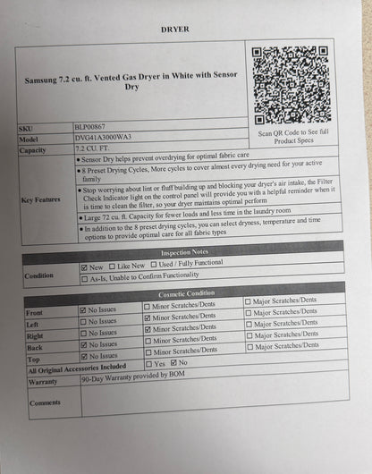 BLP00867 - Samsung 7.2 cu. ft. Vented Gas Dryer in White with Sensor Dry - DVG41A3000WA3