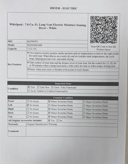 BLP00393 - Whirlpool - 7.0 Cu. Ft. Long Vent Electric Moisture Sensing Dryer - White
