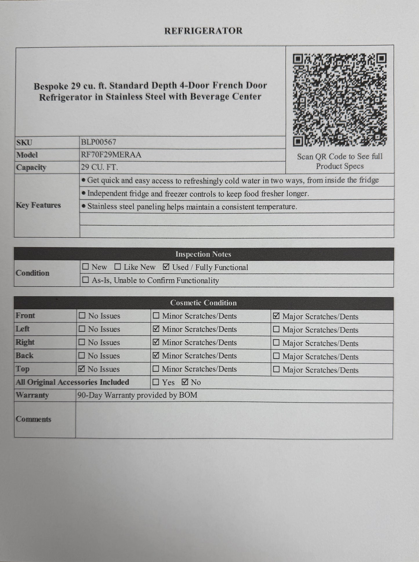 BLP00567 - Samsung - Bespoke 29 cu. ft. Standard Depth 4-Door French Door Refrigerator in Stainless Steel with Beverage Center - RF70F29MERAA