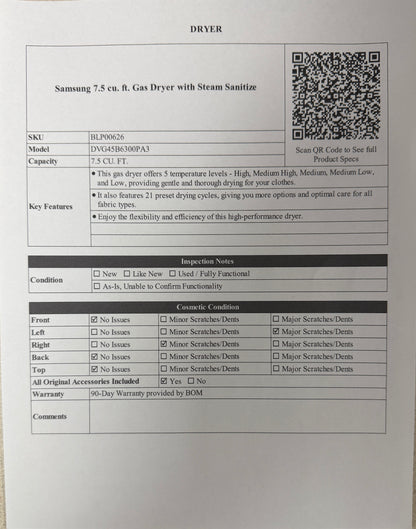 BLP00626 - Samsung 7.5 cu. ft. Gas Dryer with Steam Sanitize - DVG45B6300PA3
