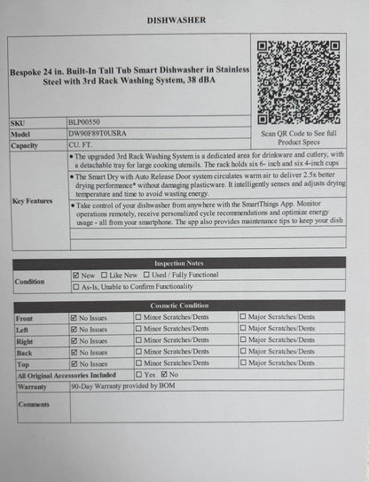 BLP00550 - Samsung Bespoke 24 in. Built-In Tall Tub Smart Dishwasher in Stainless Steel 38dBA - DW90F89T0USRA