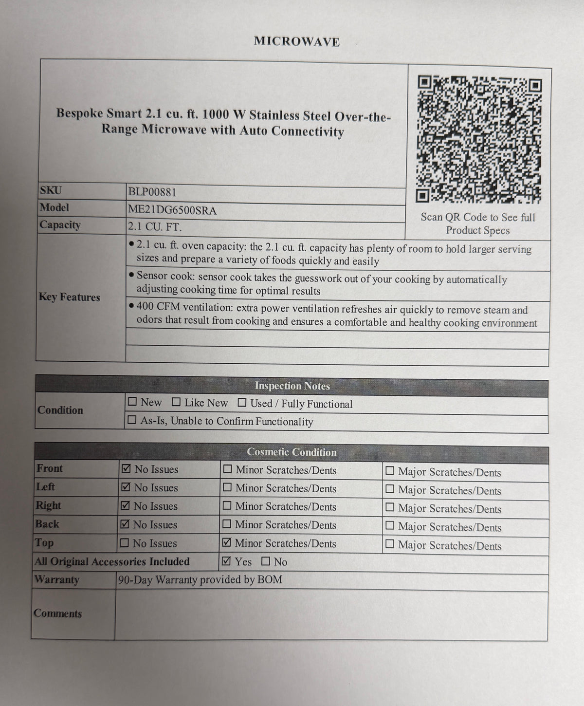 BLP00881 - Samsung Bespoke Smart 2.1 cu. ft. 1000 W Stainless Steel Over-the-Range Microwave with Auto Connectivity - ME21DG6500SRA