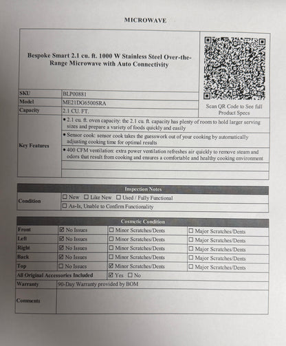 BLP00881 - Samsung Bespoke Smart 2.1 cu. ft. 1000 W Stainless Steel Over-the-Range Microwave with Auto Connectivity - ME21DG6500SRA