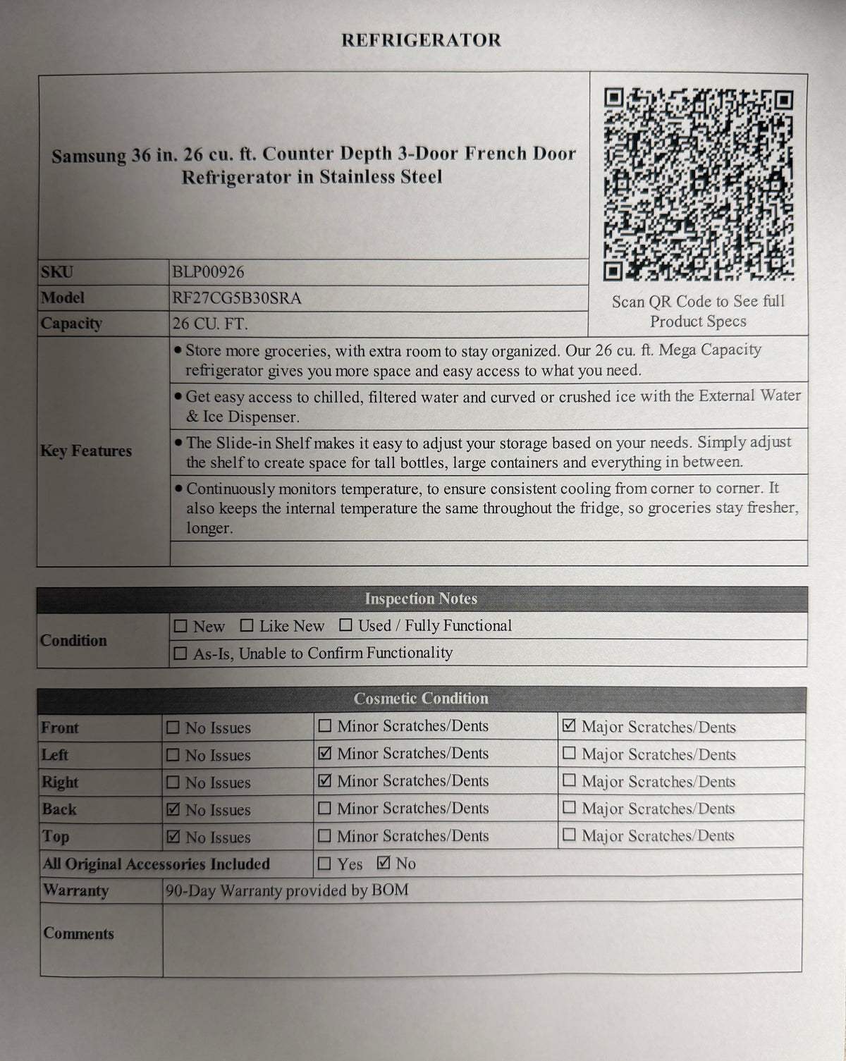 BLP00926 - Samsung 36 in. 26 cu. ft. Counter Depth 3-Door French Door Refrigerator in Stainless Steel - RF27CG5B30SRA