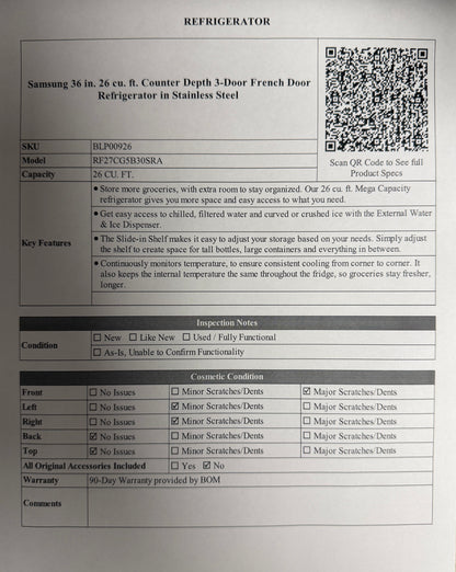 BLP00926 - Samsung 36 in. 26 cu. ft. Counter Depth 3-Door French Door Refrigerator in Stainless Steel - RF27CG5B30SRA