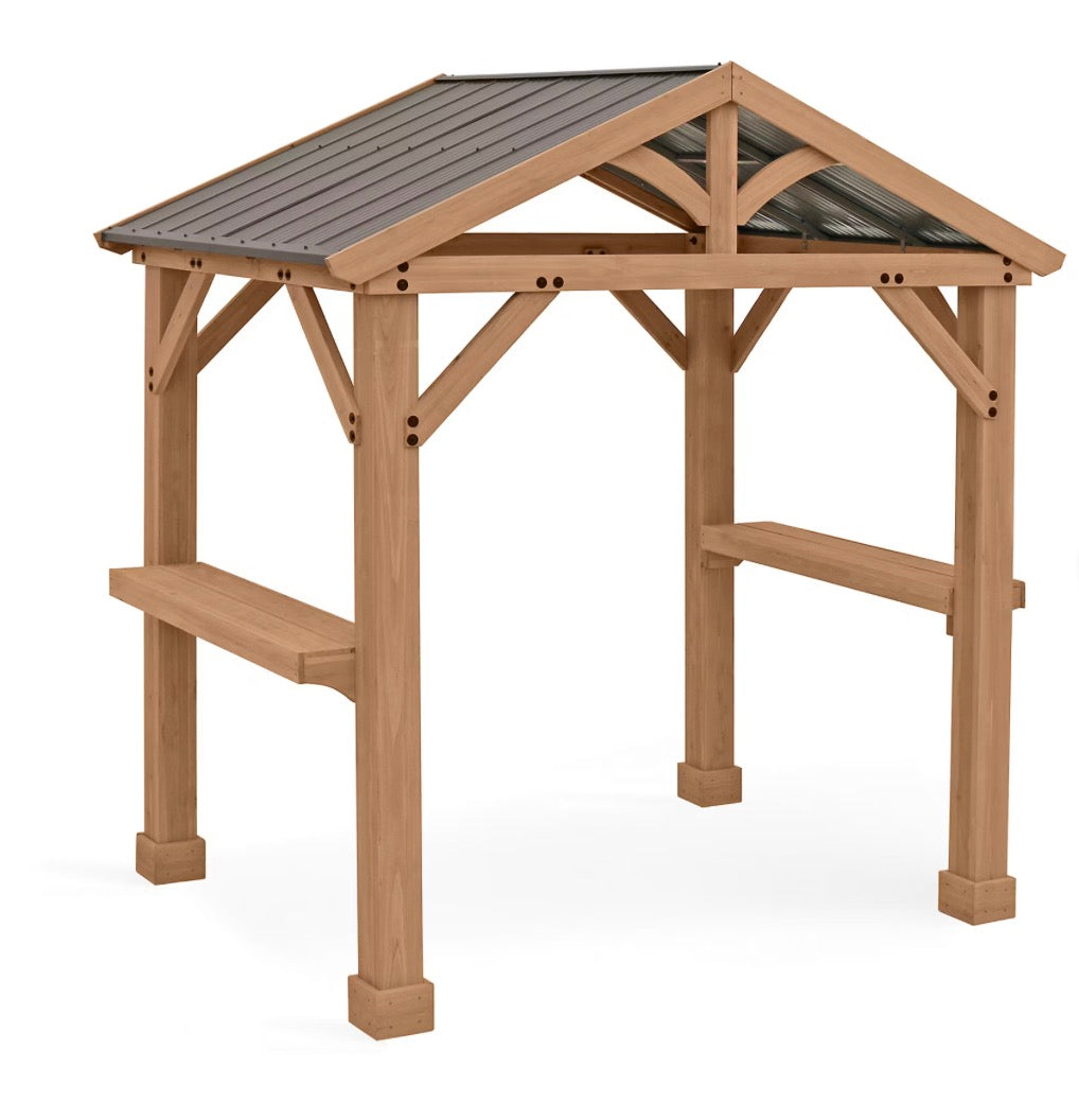 BJF250454 Yardistry Meridian 8'L x 5'8"W x 8'10"H Grilling Pavilion - Coffee Brown