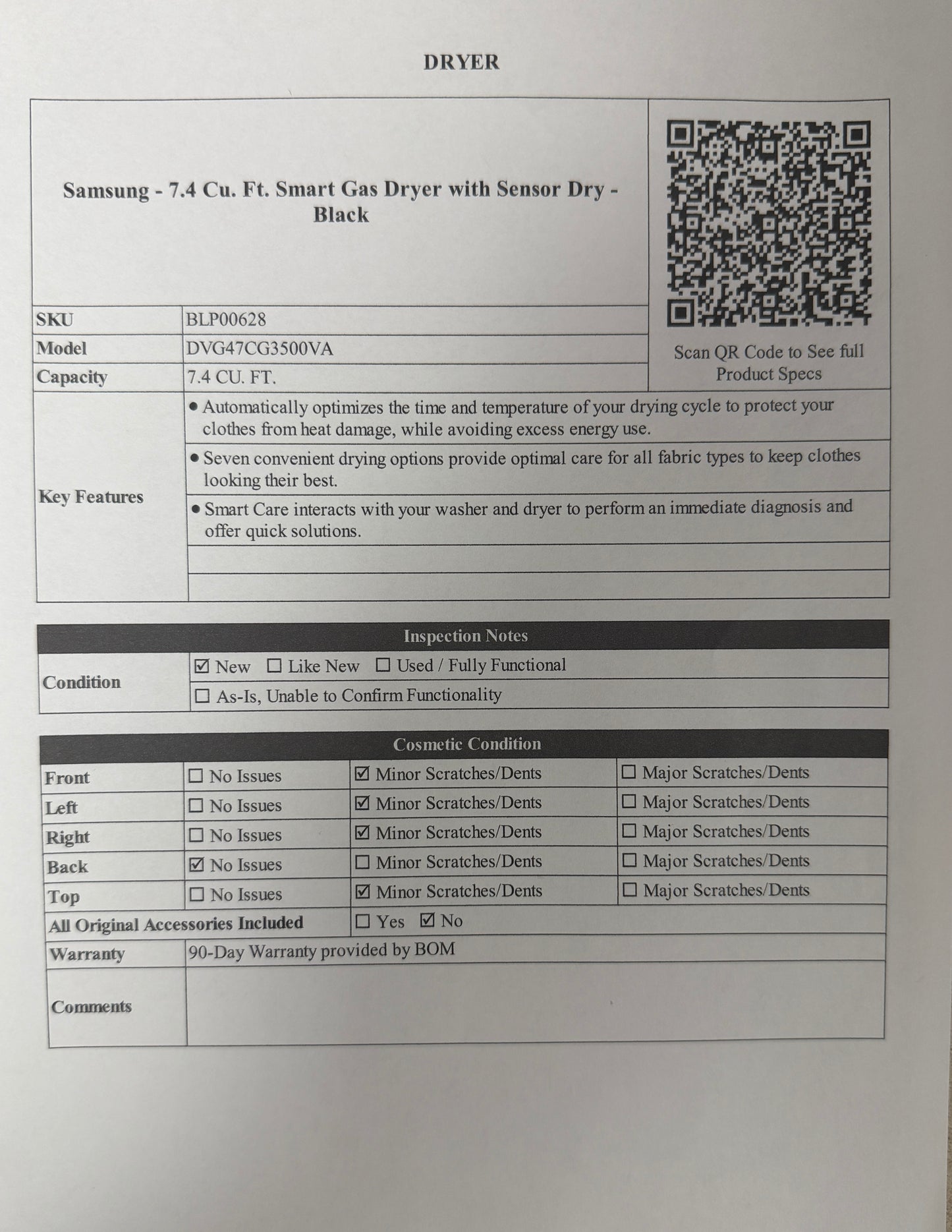 BLP00628 - Samsung - 7.4 Cu. Ft. Smart Gas Dryer with Sensor Dry - Black - DVG47CG3500VA