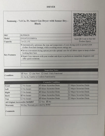 BLP00628 - Samsung - 7.4 Cu. Ft. Smart Gas Dryer with Sensor Dry - Black - DVG47CG3500VA