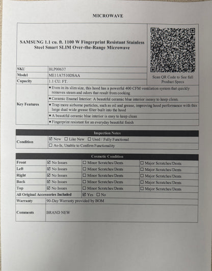 BLP00637 - SAMSUNG 1.1 cu. ft. 1100 W Fingerprint Resistant Stainless Steel Smart SLIM Over-the-Range Microwave - ME11A7510DSAA