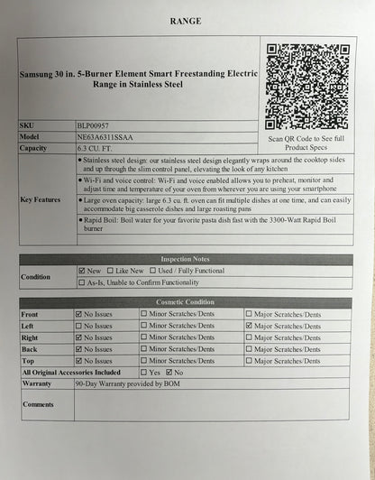 BLP00957 - Samsung 30 in. 5-Burner Element Smart Freestanding Electric Range in Stainless Steel - NE63A6311SSAA