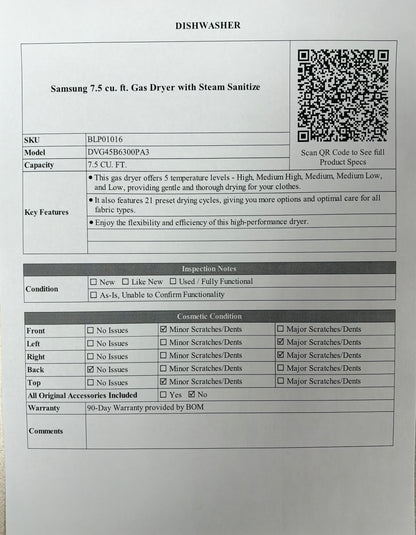BLP01016 - Samsung 7.5 cu. ft. Gas Dryer with Steam Sanitize - DVG45B6300PA3
