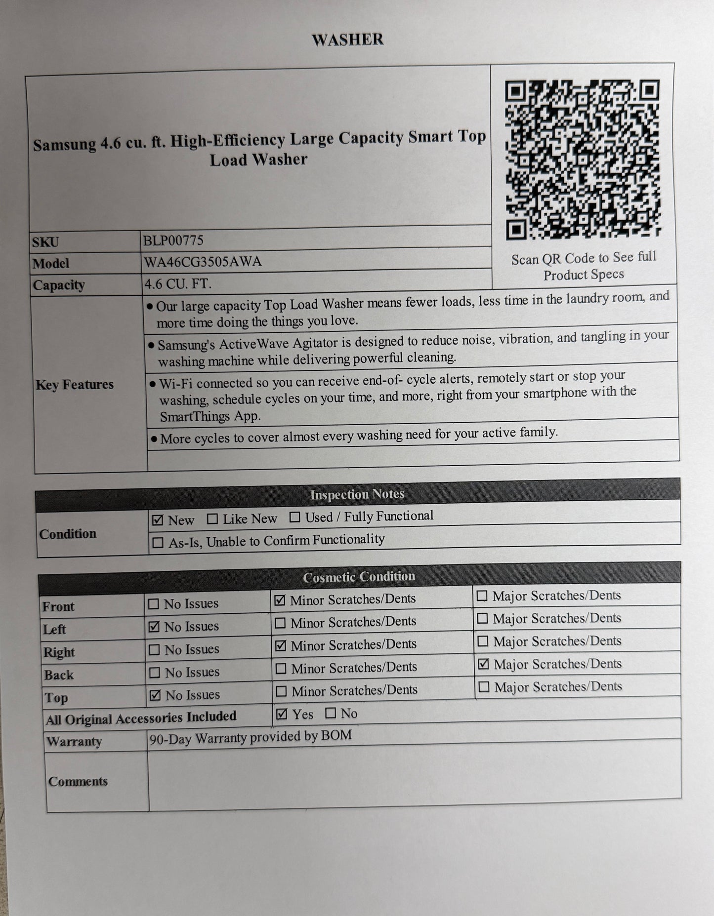 BLP00775 - Samsung 4.6 cu. ft. High-Efficiency Large Capacity Smart Top Load Washer - WA46CG3505AWA
