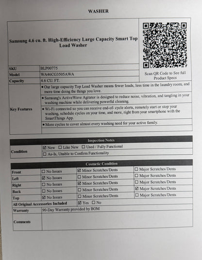 BLP00775 - Samsung 4.6 cu. ft. High-Efficiency Large Capacity Smart Top Load Washer - WA46CG3505AWA