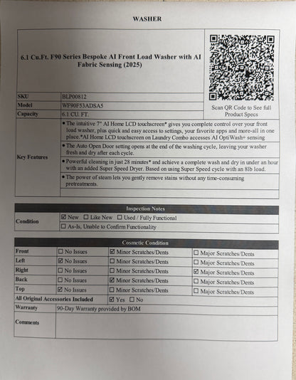 BLP00812 - Samsung 6.1 Cu.Ft. F90 Series Bespoke AI Front Load Washer with AI Fabric Sensing WF90F53ADSA5