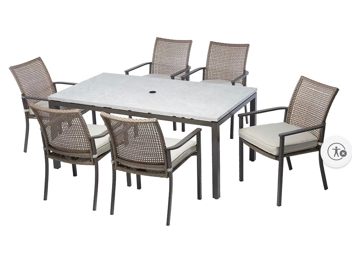 BJF250396 Berkley Jensen Oak Crest 7-Pc. Outdoor Metal Dining Set (Table is damaged,missing cushions)