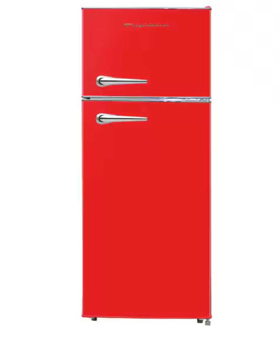 AC260341 Frigidaire 7.5 cu. ft. Mini Refrigerator with Top Freezer in Red and Chrome Handles - EFR786 (major dent)