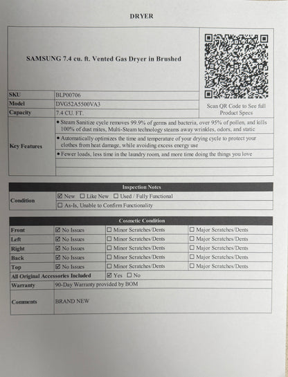 BLP00706 - SAMSUNG 7.4 cu. ft. Vented Gas Dryer in Brushed - DVG52A5500VA3
