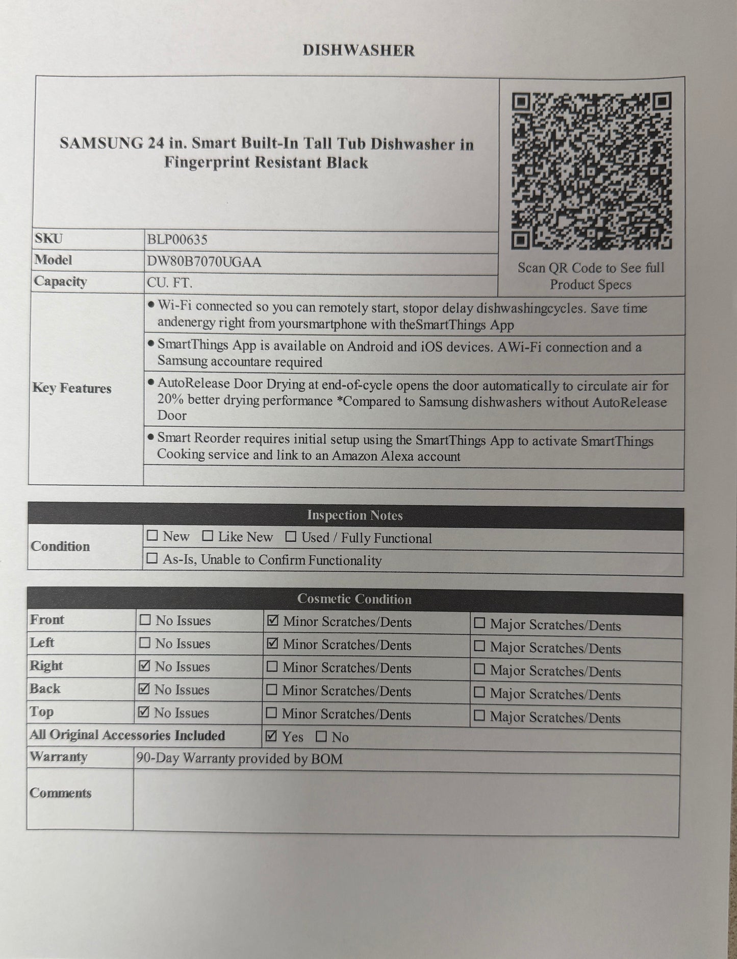 BLP00635 - SAMSUNG 24 in. Smart Built-In Tall Tub Dishwasher in Fingerprint Resistant Black - DW80B7070UGAA