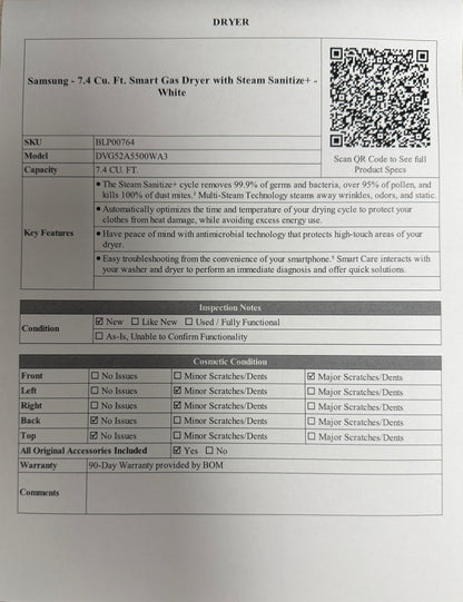 BLP00764 - Samsung - 7.4 Cu. Ft. Smart Gas Dryer with Steam Sanitize+ - White - DVG52A5500WA3