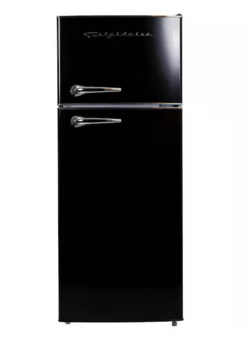 AC260381 Frigidaire 7.5 cu. ft. Mini Refrigerator with Top Freezer and Chrome Handles in Black - EFR786 (major dent)