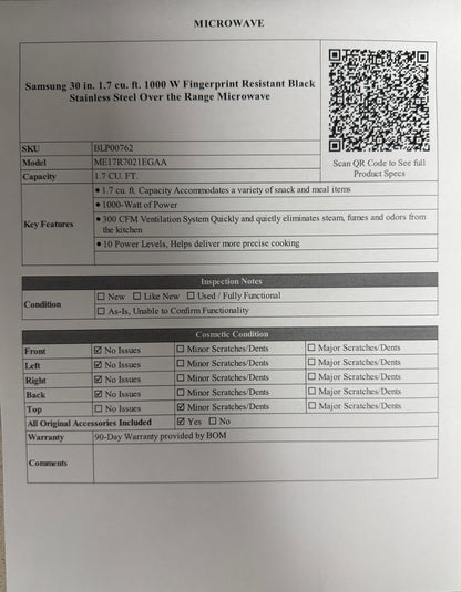BLP00762 - Samsung 30 in. 1.7 cu. ft. 1000 W Fingerprint Resistant Black Stainless Steel Over the Range Microwave - ME17R7021EGAA