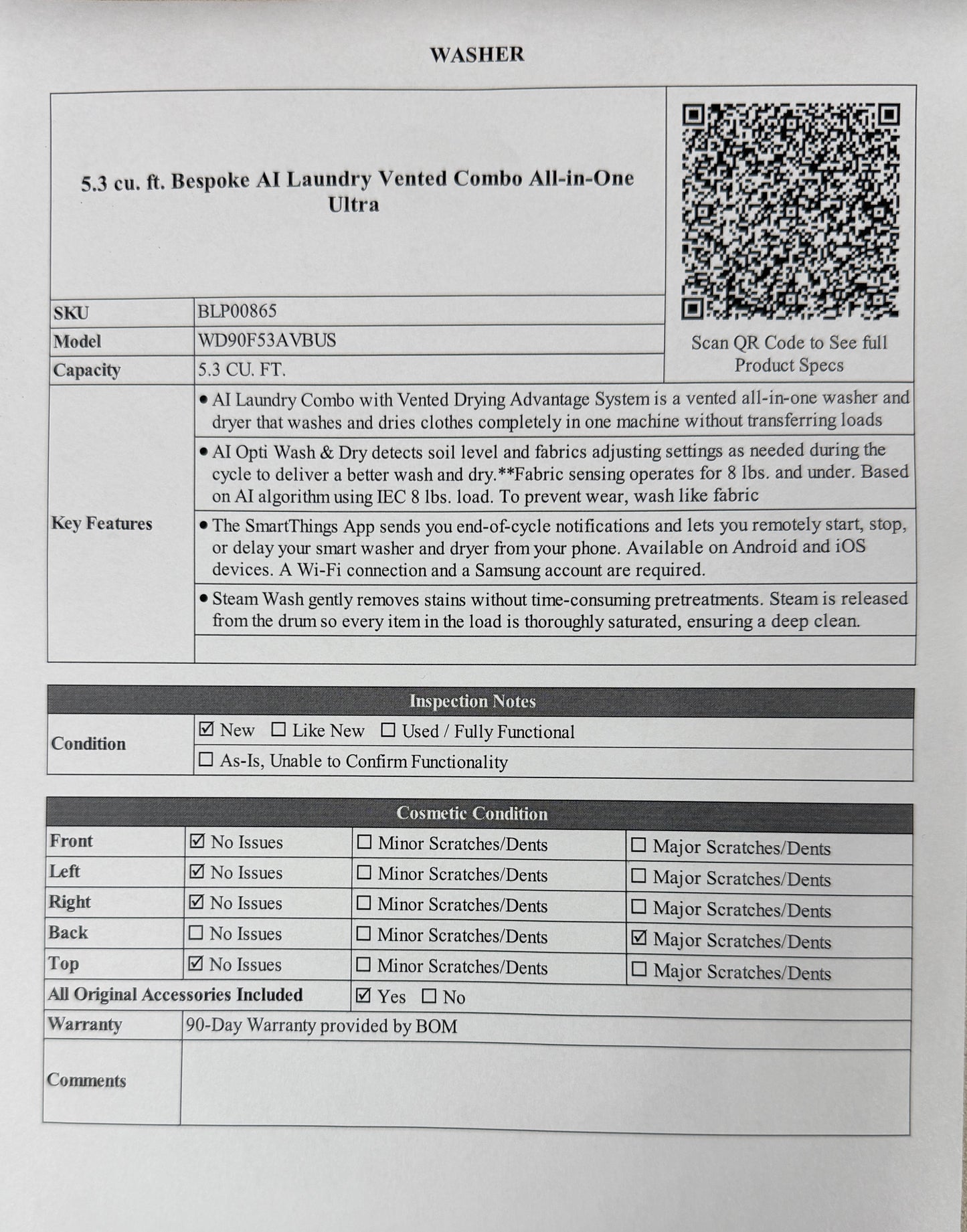 BLP00865 - Samsung 5.3 cu. ft. Bespoke AI Laundry Vented Combo  All-in-One Ultra - WD90F53AVBUS