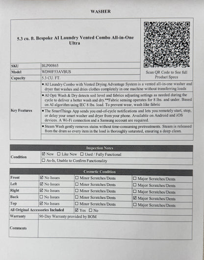 BLP00865 - Samsung 5.3 cu. ft. Bespoke AI Laundry Vented Combo  All-in-One Ultra - WD90F53AVBUS