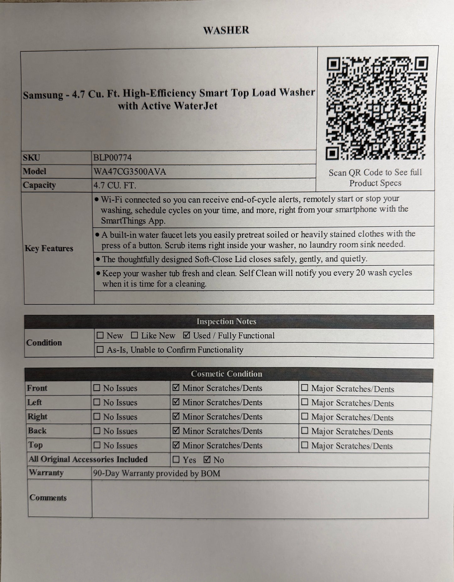 BLP00774 - Samsung - 4.7 Cu. Ft. High-Efficiency Smart Top Load Washer with Active WaterJet - WA47CG3500AVA