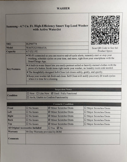 BLP00774 - Samsung - 4.7 Cu. Ft. High-Efficiency Smart Top Load Washer with Active WaterJet - WA47CG3500AVA