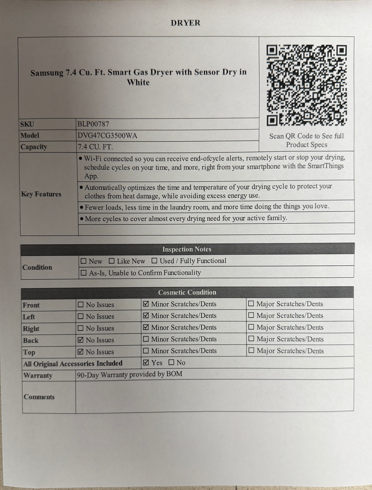 BLP00787 - Samsung 7.4 Cu. Ft. Smart Gas Dryer with Sensor Dry in White - DVG47CG3500WA