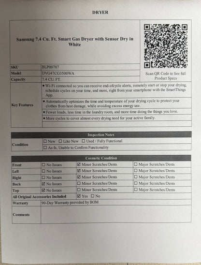 BLP00787 - Samsung 7.4 Cu. Ft. Smart Gas Dryer with Sensor Dry in White - DVG47CG3500WA