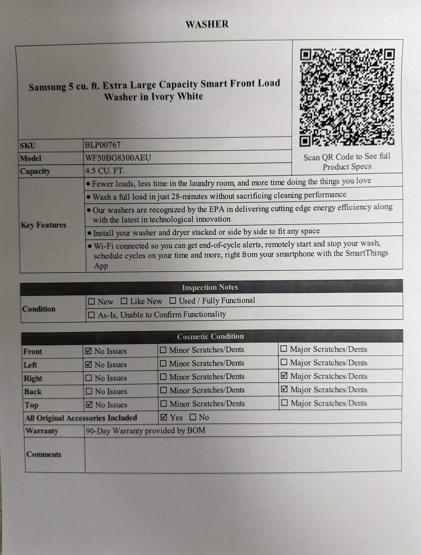 BLP00767 - Samsung 5 cu. ft. Extra Large Capacity Smart Front Load Washer in Ivory White - WF50BG8300AEU